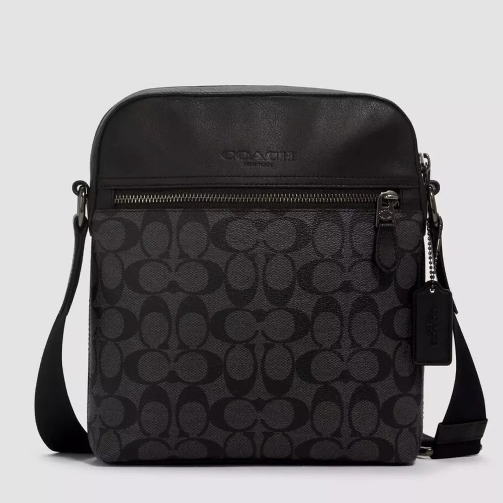 Coach Men’s Houston Flight Bag Signature Canvas and Leather Charcoal Black